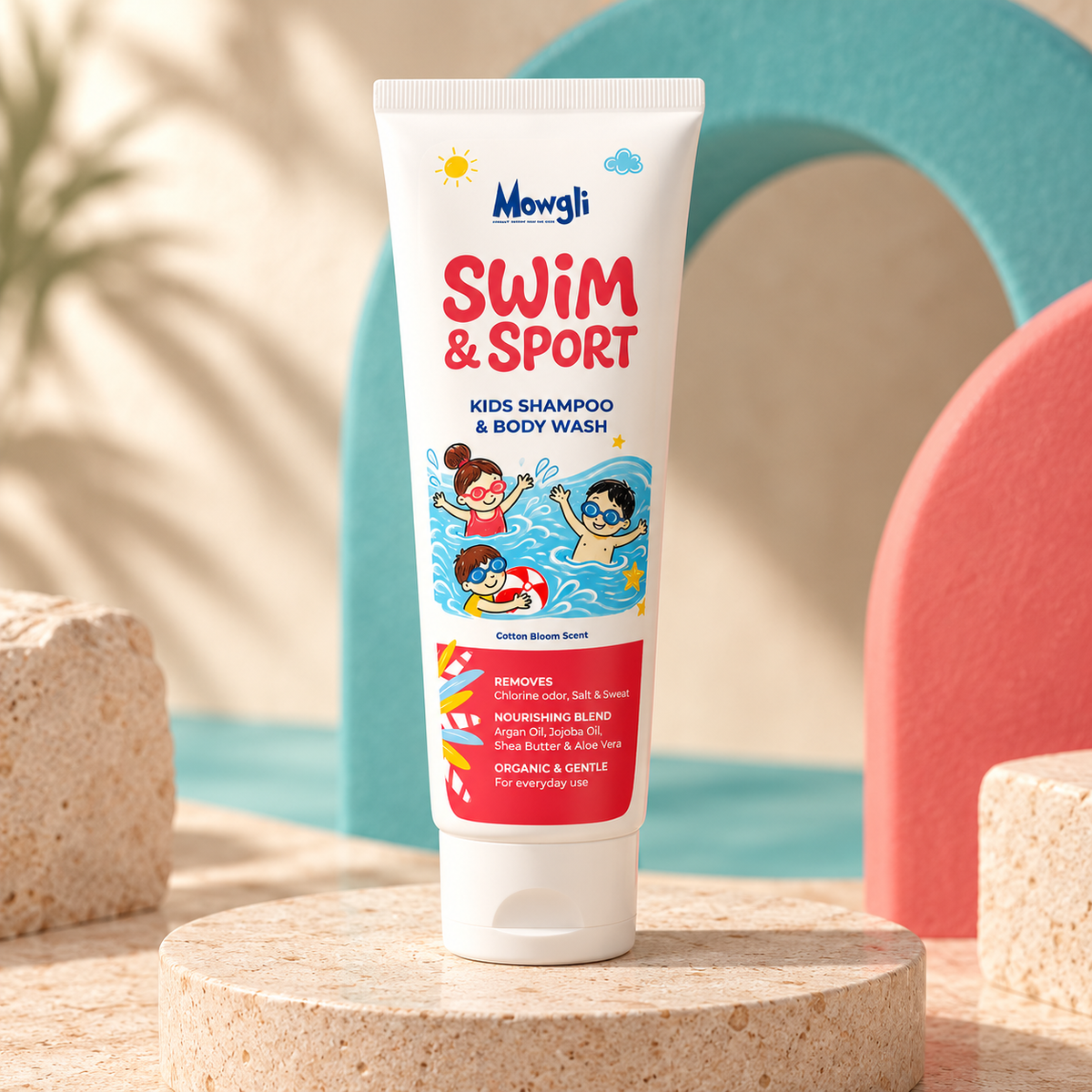 Mowgli Swim & Sport Shampoo & Body Wash – 180 ml – product op podium