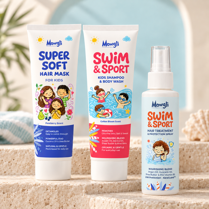 Mowgli Swim & Care Set – Driedelige Verzorgingsbundel – product op podium